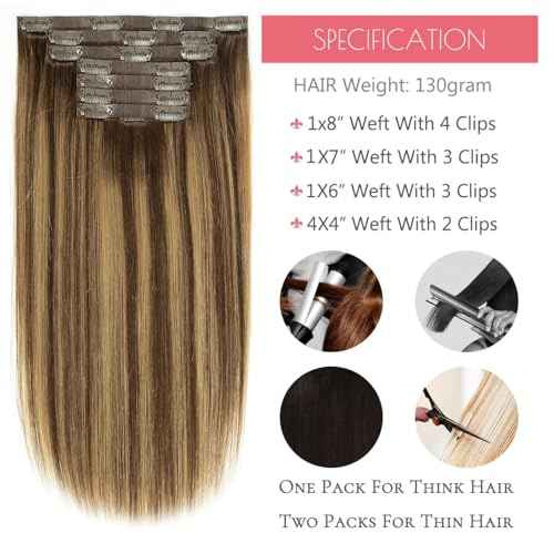 Loxxy Invisible Clip in Hair Extensions Real Human Hair Ombre Medium Brown to Caramel Blonde 16Inch 130G 7Pcs Thin Pu Weft Seamless Hair Extensions Clip in Thick Remy Hair Silky Straight