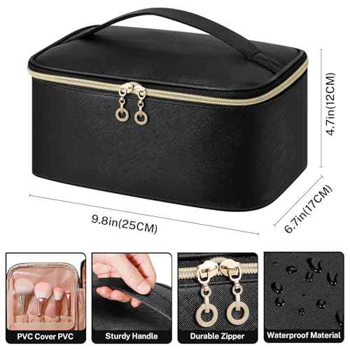 senbowe Travel Makeup Bag, Large Capacity Cosmetic Bags for Women,Portable Waterproof Leather Toiletry Bag Make Up Organizer Bag with Divider and Handle