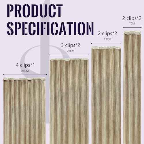 Fshine Clip in Hair Extensions Real Human Hair Ash Blonde Highlighted Golden Blonde Clip in Extensions Lace Double Weft Full Head Long Straight and Soft 18 Inch 120 g 7 pcs
