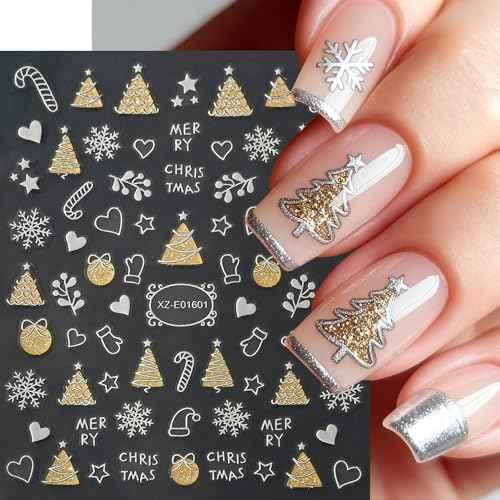 12 Sheet Christmas Nail Art Stickers Silvery Nail Stickers Snowflake Xmas Tree Nail Decals Star Elk with Golden 5D Embossed Nail Art Supplies for Winter Holiday Manicure Decorations