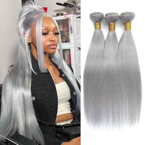 Grey Human Hair Bundles 14 16 18 Inch Straight Human Hair, 100% Unprocessed Virgin Remy Bundles Grade 12A Lavender Gray Color Sew In Quick Weave for Women
