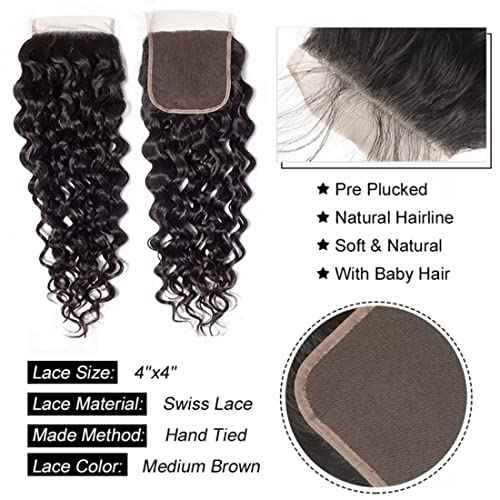 Human Hair Bundles with Closure Water Wave(16 18 20+14,Free Part) Brazilian Virgin Human Hair 3 Bundles and Closure Wet and Wavy Natural Color