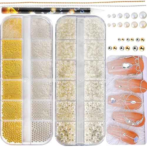 4390pcs Gold Nail Charms Caviar Beads for Nails, 2 Box Silver & Gold Beads for Nails and Flatback Pearls for Nail Art Supplies, Chloe Golden Caviar Chain for Nail Decals Jewelry Accessories
