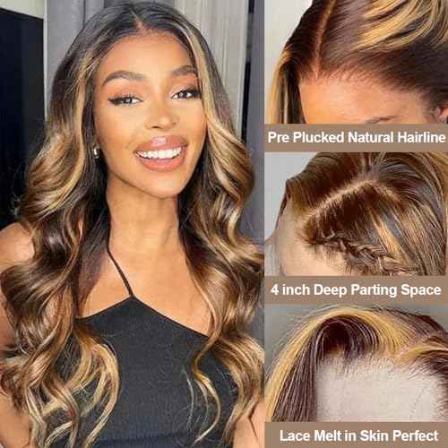 DOSAY Highlight Ombre 13x4 Hd Transparent Lace Front Human Hair Wig 24 Inch Brown Honey Blonde Body Wave Glueless Wigs 180% Density for Woman