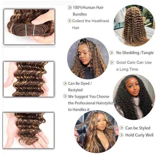 Highlight Bundles Human Hair with Closure 4/27 Ombre Brown 10a Deep Wave 12 Inch 4x4 Lace Closure with 4Bundles 12" 14" 16" 18"