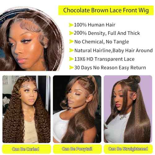 13x6 Chocolate Brown Lace Front Wig HumanHair HD Transparent Pre Plucked Glueless Frontal 26 Inch Brown Wig Human Hair 200% Density