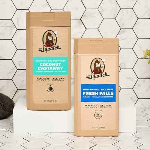 Dr. Squatch NEW Body Wash for Men with Nourishing, Natural Ingredients | No Paraben, Phthalate, Sulfate | All Day Moisture | Long Lasting Scent | Fresh Falls & Coconut Castaway (14 oz, 2-Pack)