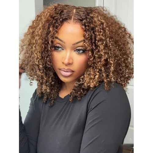 ISEE M-Cap Kinky Curly Wear Go Glueless Wigs Human Hair Pre Plucked Pre Cut Bleached Knots 9x6 HD Lace Glueless Human Hair Wigs For Women (Highlight Ombre, 12 Inch)