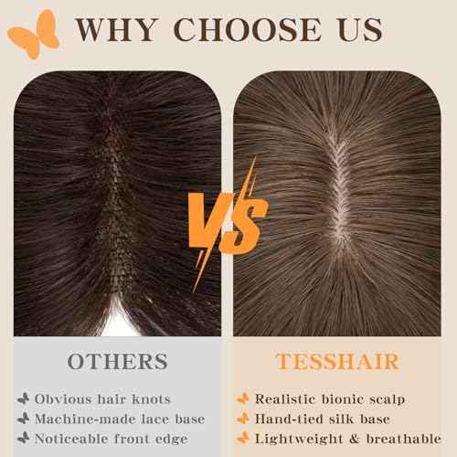 Human Hair Toppers for Women, 150% Density Hair Topper with Bang, No Tangle & Smooth, Upgrade 7x13cm Silk Base, 14 Inch #02 Dark Brown