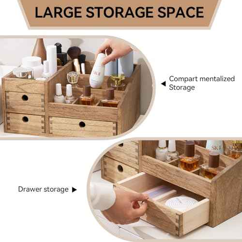 KIRIGEN Wood Makeup Organizer Storage Cabinet Tabletop Cosmetic Organizer Jewelry Storage Box 8 Compartment Makeup Display Case with 3 Drawers Brown(HZG-DBR)
