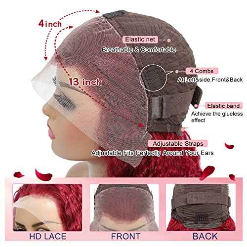 Curly Burgundy Lace Front Wigs Human Hair 13x4 99J Red Curly Lace Front Wig Human Hair 180% Density HD Transparent Frontal Wig Colored Pre Plucked with Baby Hair Glueless Wigs (20 Inch, #99J Curly)