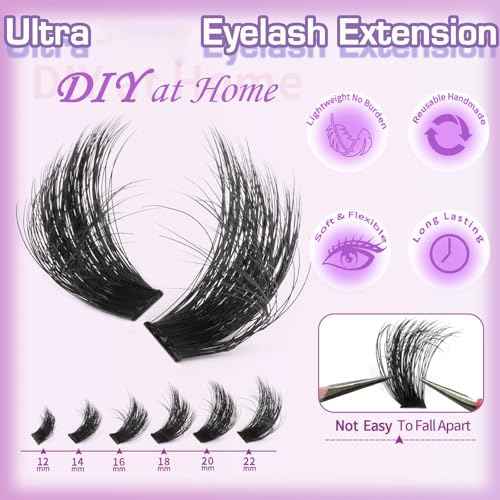 Lash Clusters 200D Long Lash Clusters Thick Volume Lashes Clusters 12-22mm Eyelash Clusters D Curly Cluster DIY at Home Wispy Individual Lashes for Beginners Eyelash Extension by FOINEMYED