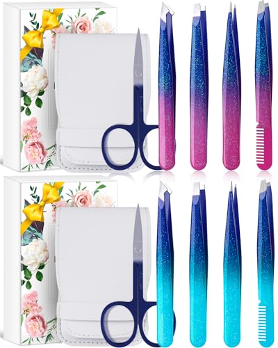 2 Pack Stocking Stuffers for Women Teen Girls Tweezers Set: Gifts for Christmas Birthday Present for Her Mom Wife Sister Trendy Stuff - 5pcs Facial Hair Eyebrow Tweezers Grooming Kit(Bestie Color)