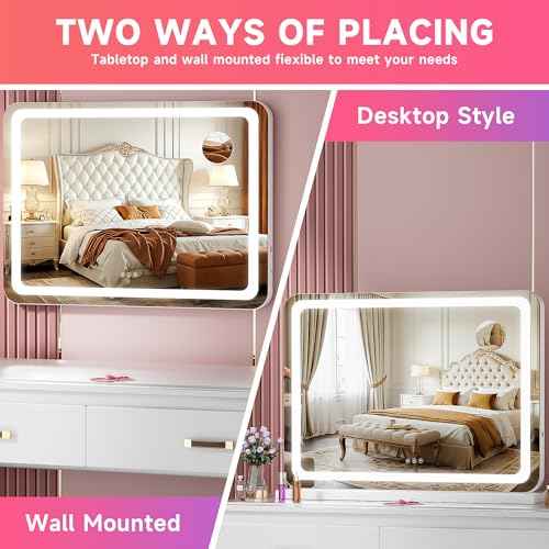 Vanity Mirror with Lights, 23" x 18" LED Makeup Mirror with 10X Magnification, Dimmable 3 Modes, Memory Function, Smart Touch, USB Charging Port, Lighted Makeup Mirror Round White