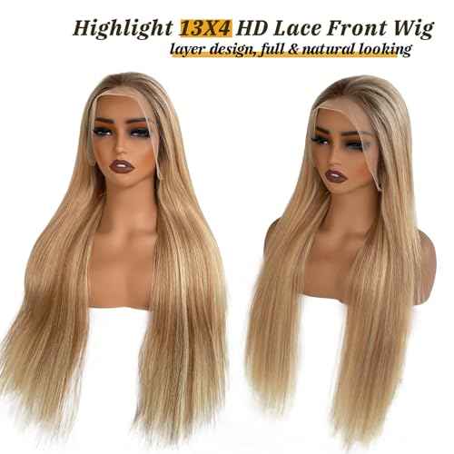 Smavida Highlight Blonde Lace Front Wigs Human Hair Ombre 13x4 Transparent Honey Blonde Glueless Lace Frontal Wig 100% Brazilian Remy Human Hair for White Women 16" (Can Be Curled)