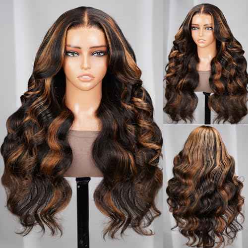 Arabella Highlight Ombre Lace Front Wig Human Hair 13x4 HD Transparent 1B/30 Honey Blonde Lace Front Wigs Human Hair Pre Plucked Colored Wigs 210% Density Body Wave Lace Front Wig 18inch