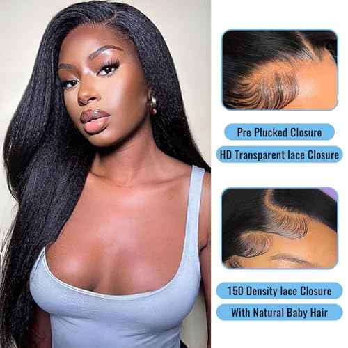 Kinky Straight 5x5 HD Lace Closure Pre Plucked Yaki Straight Closure HD Lace with Baby Hair HD Lace Closure Human Hair Free Part Natural Color Black 18 Inch