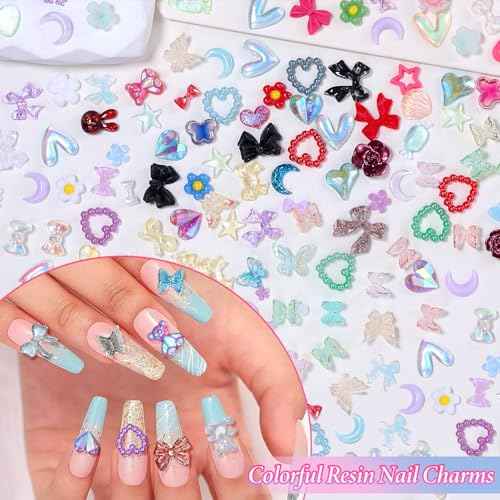 2 Boxes 3D Bow Nail Art, Carviar Beads for Nail Art, Assorted Flower Heart Butterfly Acrylic Bows Nails Charms with Pearls Gems Bead for Nail Design DIY Y2K Supplies