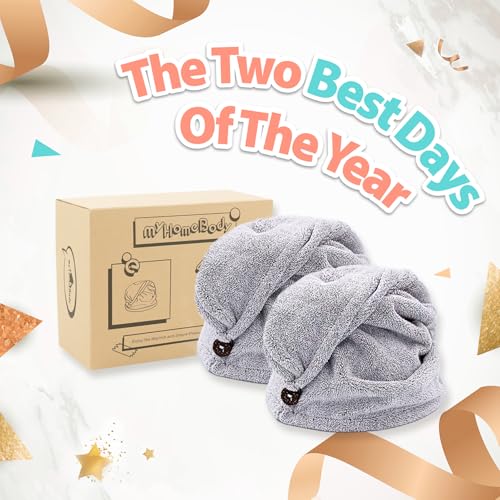 myHomeBody Hair Towel Wrap | Luxury Rapid-Dry Hair-Drying Turban | Ultra Soft and Quick Drying Absorbent Charcoal Fiber, with Coconut Shell Button – 2 Pack