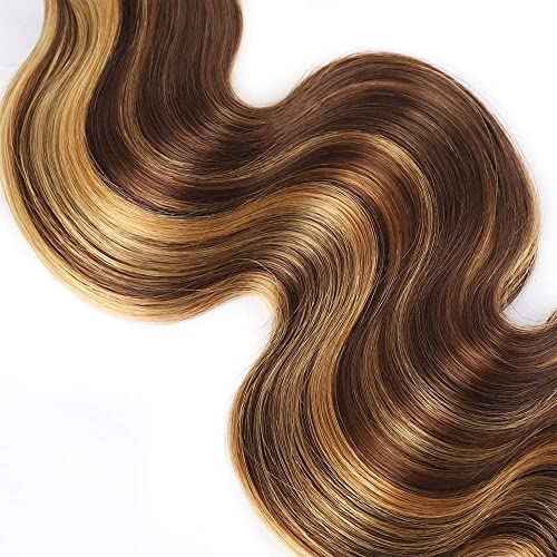 P4/27 Highlight Blonde Bundles Human Hair Body Wave Bundles 22 22 22 Inch Human Hair Weave 3 Bundle Unprocessed Brazilian Virgin Hair Brown Body Wave Human Hair Extensions 50 Grams/Bundle