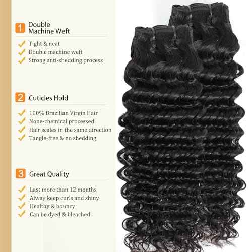 Deep Wave Bundles Human Hair 20 22 24 Inch Deep Curly Bundles 12A Grade 100% Unprocessed Brazilian Virgin Hair Wet and Wavy Bundles Double Weft Deep Weave Natural Black Color