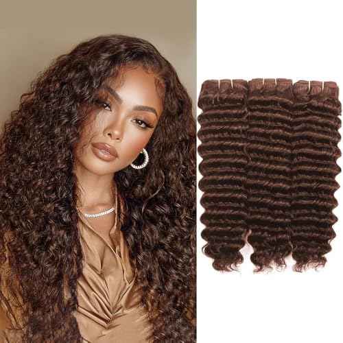 ALLRUN Deep Wave Brown Human Hair Bundles Curly Bundles Chocolate Brown Brazilian Human Hair Bundles Curly Wave Extensions 4# Color 182022 Inch