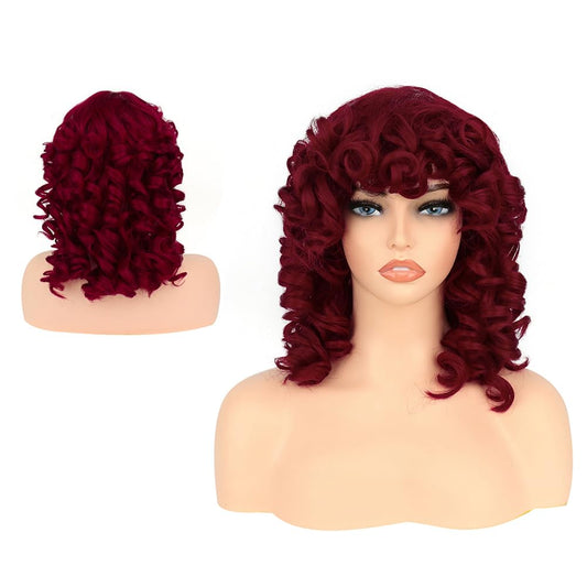 HUAISU Short Red Curly Kinky Wig with Bangs Synthetic High Density Shoulder Length Deep Wave Density Wig for Women One Piece Heat Resistant Fluffy Cosplay Wig (Red, 14inch)