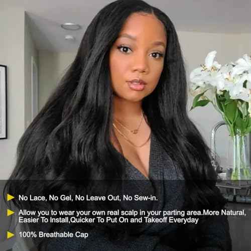 Sunber V Part Wig Human Hair Glueless Wig Kinky Straight Upgrade No Leave Out Vpart Kinky Straight Wigs 150% Density Glueless Clip in Half Wigs No Glue No Sew in Beginner Friendly 18Inch