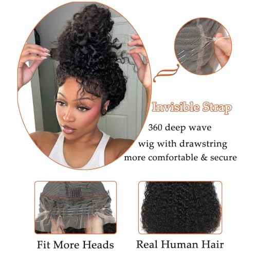 ONICE Deep Wave 360 Lace Front Wigs Human Hair With Drawstring Hidden Strap 360 Full Lace Frontal Wig For Black Women Glueless Wigs Human Hair (Curly Wig 22 Inch)