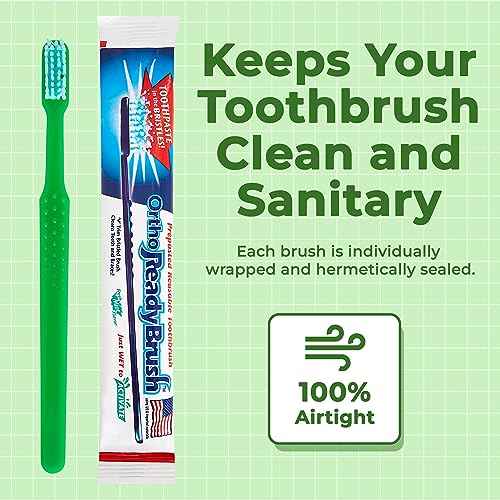 Ortho ReadyBrush Prepasted Individually Wrapped Toothbrush- Soft Orthodontic Gentle V-Trim Bristles for Braces, Gum Care - 144 Pack - Children or Adults Made in USA (144)