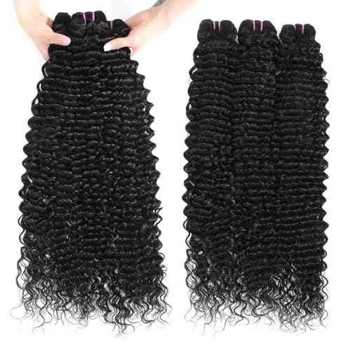 15A Raw Human Hair Bundles Deep Wave Bundles Human Hair,Triple Lifespan Indian Virgin Hair,No Tangle Shedding,Multiple Washes Keep Texture Silky Soft (3 Bundle Natural Black, 16 16 16)