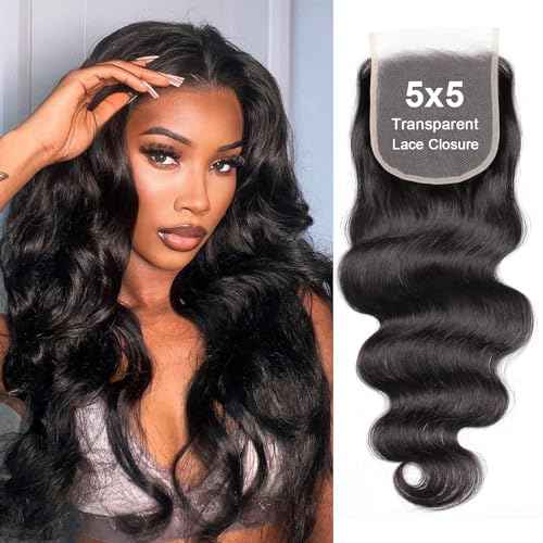 Body Wave 5x5 Transparent Lace Closure 100% Human Hair Invisible 5x5 Lace Closure 12A Brazilian Virgin Remy Human Hair Frontal Closure Pre Plucked Natural Color 20 Inch