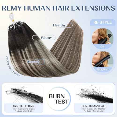 Hairro Microlink Human Hair Extensions Remy Highlight Pre Bonded Cold Fusion Keratin Glue T Tip Hairpieces For Women 16 Inch 50g 50 Strands #1BT4P60