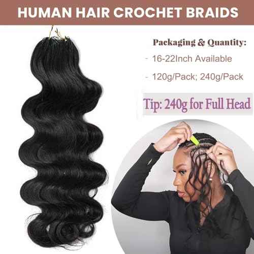 Body Wave Feather Crochet Human Hair Extensions Pre Looped Hair Extensions Body Wave Knotless Soft Pre-Separated Crochet Human Hair Natural Color 16inch 120g