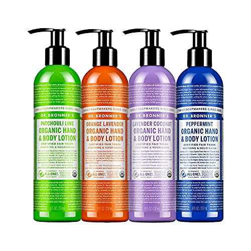 Dr. Bronner's - Organic Lotion (8 oz Variety Pack) Peppermint, Lavender Coconut, Orange Lavender, & Patchouli Lime - Body Lotion & Moisturizer, Organic, Soothing for Hands, Face & Body | 4 Count
