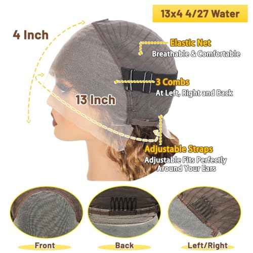 Highlight Ombre 13x4 Lace Front Wig Human Hair Pre Plucked HD Transparent 4/27 Honey Blonde Lace Front Wig with Baby Hair 180% Density Colored Water Wave Wig for Women 22 Inch