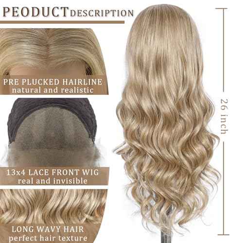 SAPPHIREWIGS Ash Blonde Lace Front Wig 13x4 Synthetic Lace Front Wigs Pre Plucked Highlight Milk Tea Blonde Glueless Long Wavy Wigs for Women Daily Party Use 26 inch