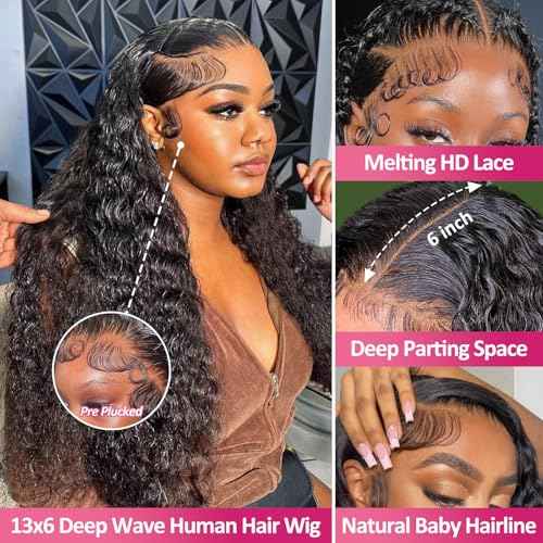 13x6 Deep Wave Lace Front Wigs Human Hair 200% Density Curly Wet and Wavy HD Lace Front Wigs Pre Plucked Frontal Wigs Human Hair Glueless Wig For Women 28 Inch