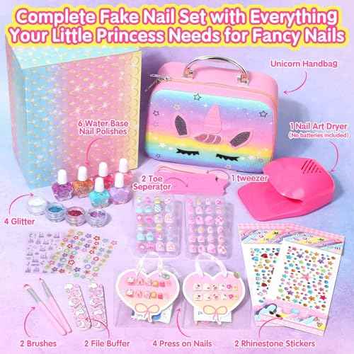 Kids Nail Polish with Press on Nails Set for Girls, Non-Toxic Nail Art Kit with Portable Dryer and Unicorn Case, Cute Stuff Gift Toys for Girls Age 8 -12
