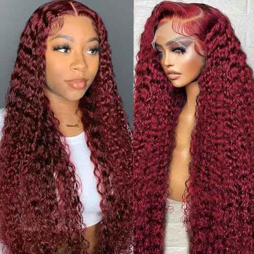 Burgundy Lace Front Wigs for Black Women 24 Inch 99J Deep Wave Wigs 13x4 Transparent Lace Frontal Wigs Glueless Wet and Wavy Red Colored Curly 100% Human Hair Wig Pre Plucked Brazilian Virgin Hair