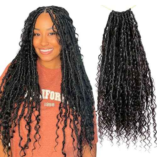 Boho Locs Crochet Braids Pre Looped With Human Hair Extensions Curly Ends Deep Wave Goddess Soft Locs Box Knotless Braids Hair Synthetic Dreadlocks Braiding for Women CHARMING YOU 22 Inch 24Strands
