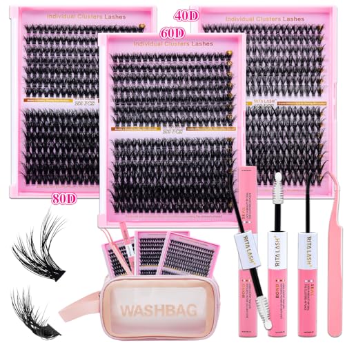Lash Extension Kit DIY Lash Clusters 3 Boxes Cluster Lashes Soft Eyelash Extensions Wispy Individual Lashes with Lash Bond and Seal,Lash Tweezers,Washbag 6 Counts(40D 60D 80D, 3 Boxes Kit)