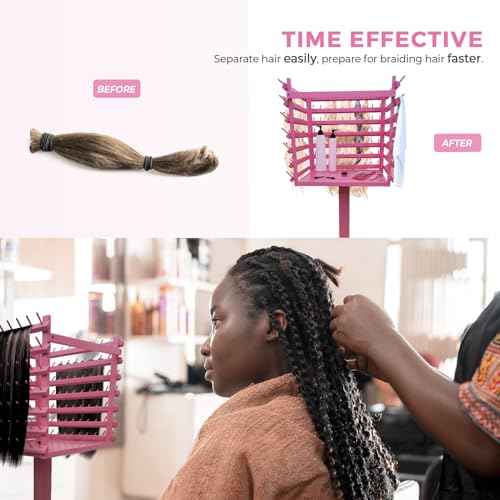 Braiding Hair Rack, Hair Extension Holder, Hair Braiding Tools, Hair Product Organizer, Wooden 3-Sided Rack Stand, Large Capacity (210 pegs) (Pink)
