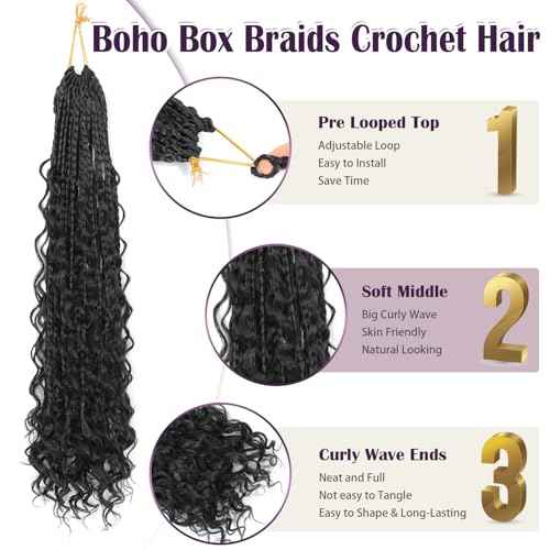 24 Inch Boho Crochet Braids Human Hair Mixed Synthetic Goddess Box Braids Crochet Hair Extensions Pre Looped Bohemian Goddess Braids Crochet Hair for Women (#30, 10 Packs)
