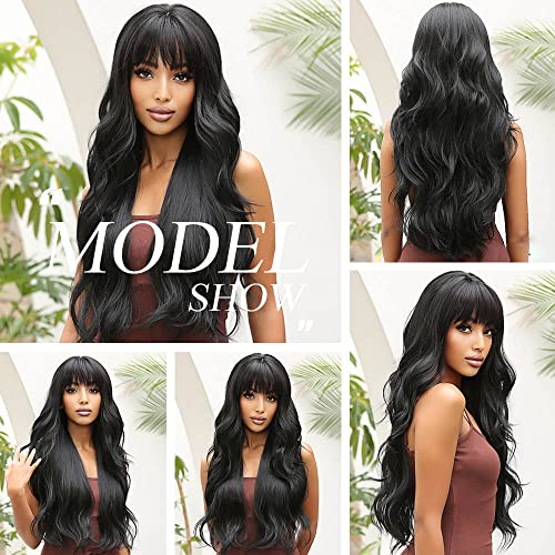 OUFEI Long Wavy Brack Wigs for Women Natural Synthetic Hair Heat Resistant Wigs for Daily Party Cosplay Wear-28 Inches