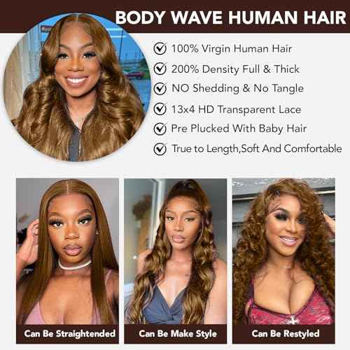 13x4 Chocolate Brown Lace Front Wig Human Hair Pre Plucked 200% Density Brown Glueless Body Wave HD Lace Front Wigs Human Hair 28 Inch