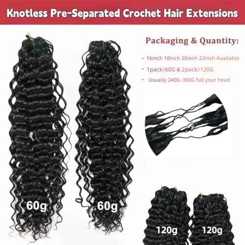 100% Human Hair Knotless Pre-Separated Crochet Hair Extensions Ocean Wave Feather Hair Water Wave Feather Line Hair Extensions Natural Color 16Inch 120g