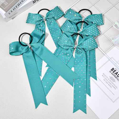 DEEKA 12 PCS Glitter Collegiate Style Cheer Bows Long Tail Full Rhinestones Skinny Shiny Cheer Bow Ponytail Holder Handmade Bows for Girls Teens Cheerleader Sports -Teal