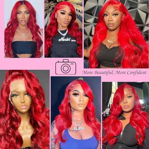 Red Lace Front Wigs Human Hair 13x4 HD Transparent Body Wave Human Hair Lace Front Wig Pre Plucked Red Colored Glueless Human Hair Lace Frontal Wigs for Women 16 Inch