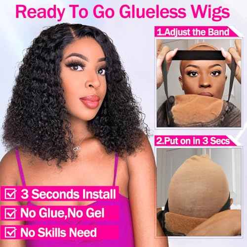AISI Glueless Wigs Human Hair Pre Plucked Pre Cut Ready to Wear Curly Bob Wigs 5x5 HD Lace Front Wigs for Black Women 180% Density Deep Curly Lace Wigs with Elastic Band for Beginners 16 Inch